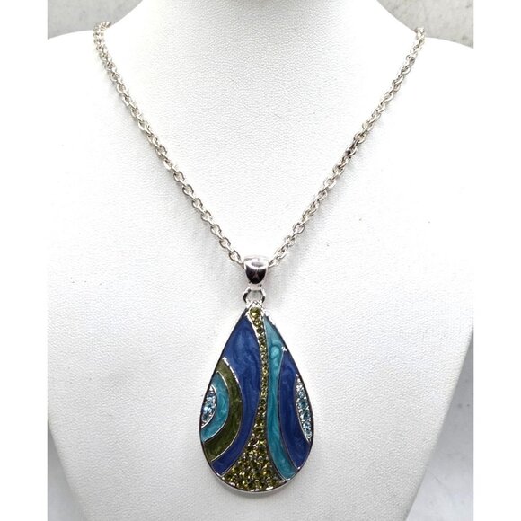Teardrop Multicolor Pendant Necklace With Blue & Green Crystals On Silver-Tone C - Picture 1 of 2
